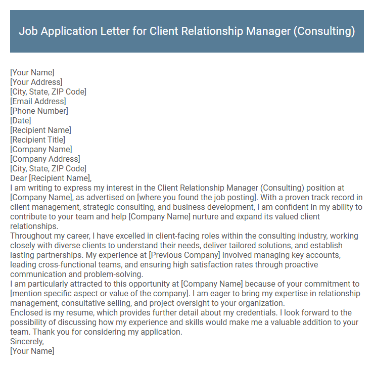 Job Application Letter for Client Relationship Manager (Consulting)