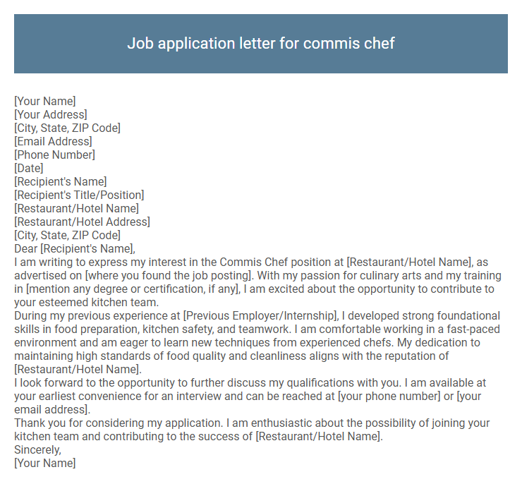 Job application letter for commis chef