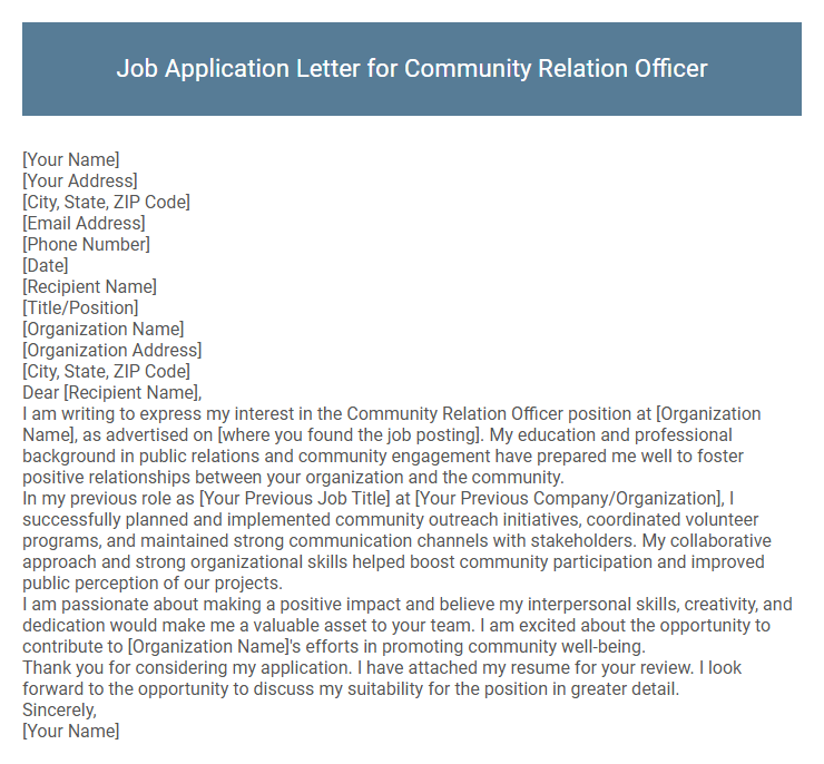 Job Application Letter for Community Relation Officer