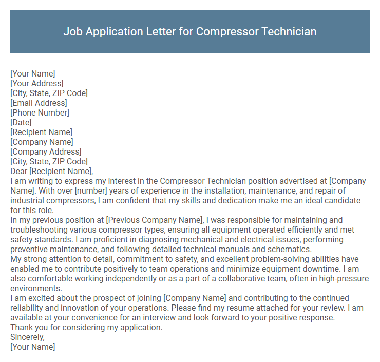 Job Application Letter for Compressor Technician