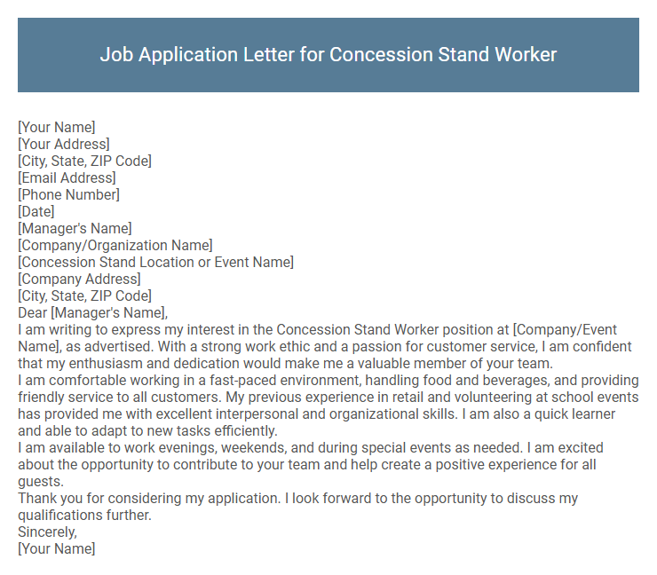 Job Application Letter for Concession Stand Worker