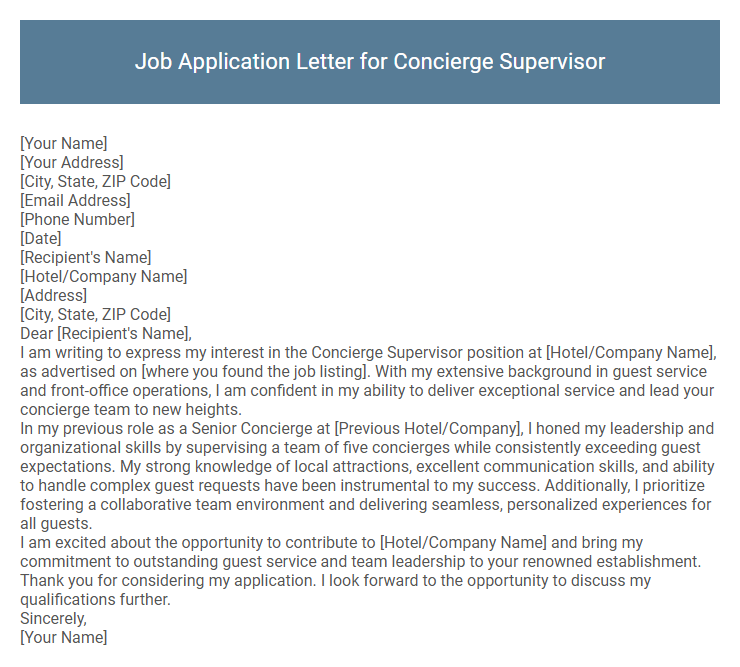 Job Application Letter for Concierge Supervisor