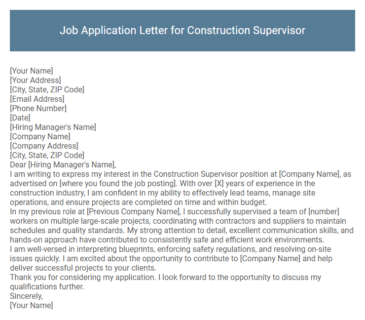 Job Application Letter for Construction Supervisor