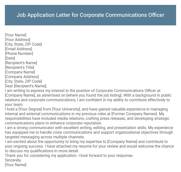 Job Application Letter for Corporate Communications Officer