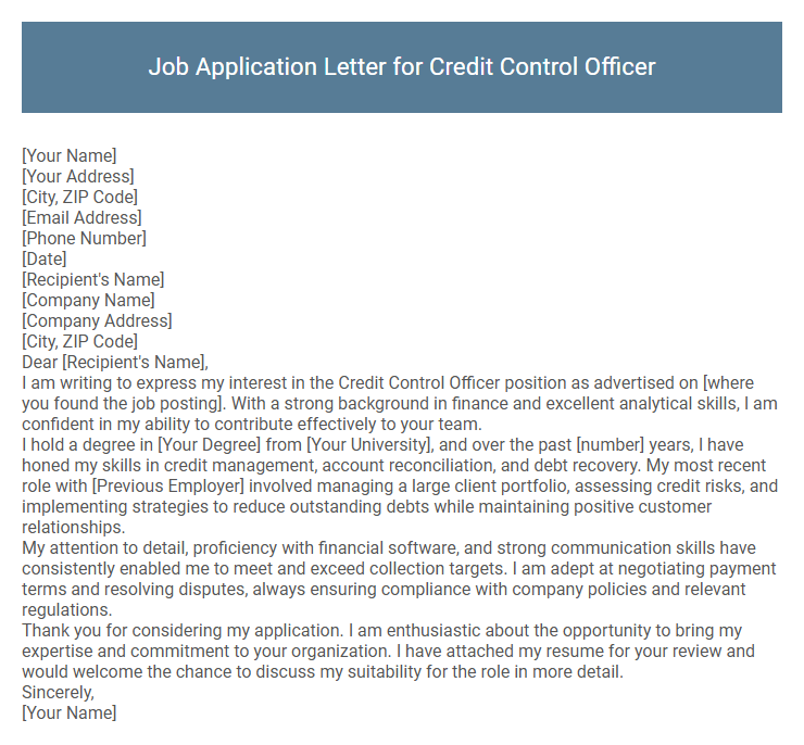 Job Application Letter for Credit Control Officer