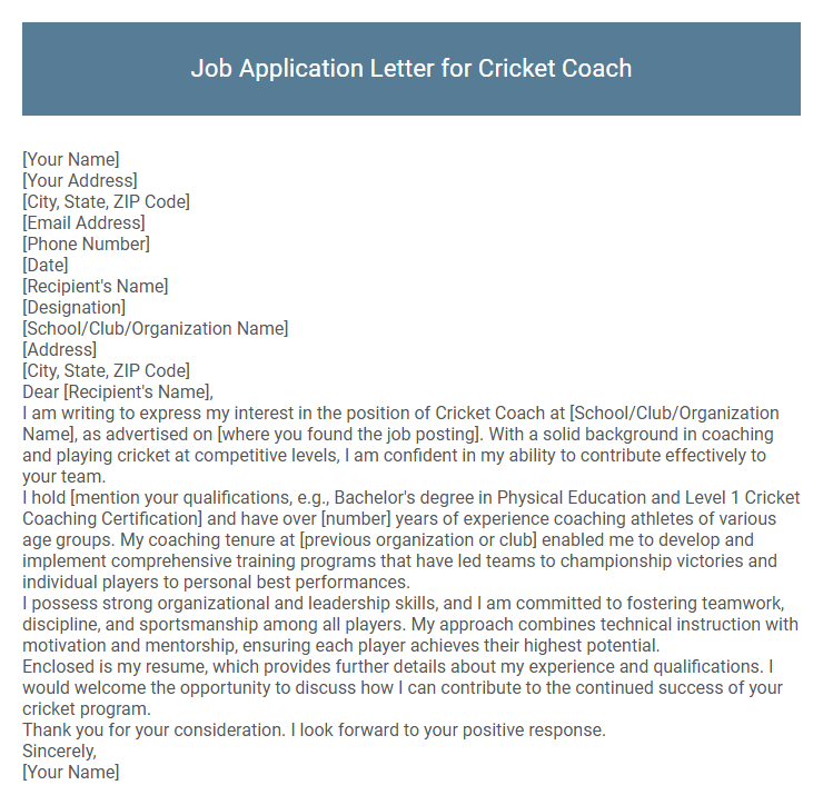 Job Application Letter for Cricket Coach