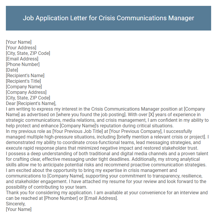 Job Application Letter for Crisis Communications Manager