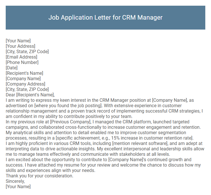 Job Application Letter for CRM Manager