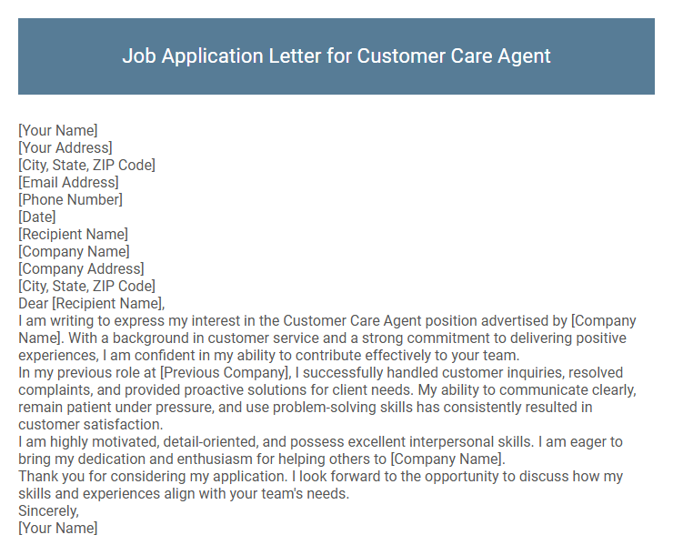 Job Application Letter for Customer Care Agent