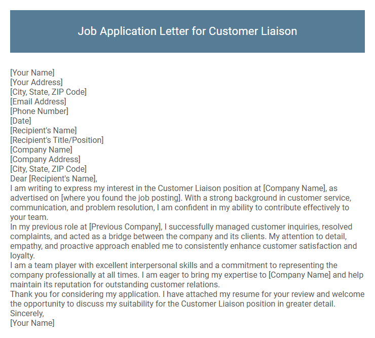 Job Application Letter for Customer Liaison