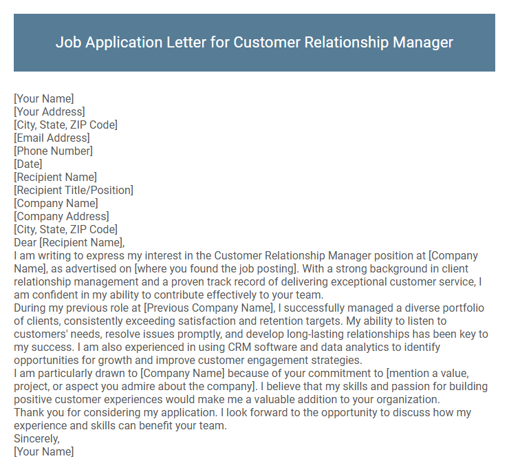 Job Application Letter for Customer Relationship Manager
