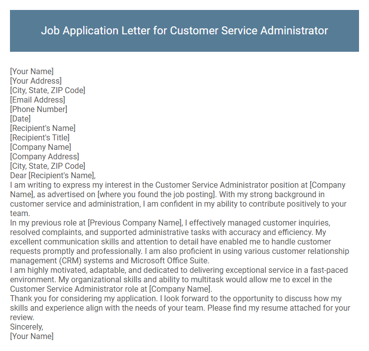 Job Application Letter for Customer Service Administrator