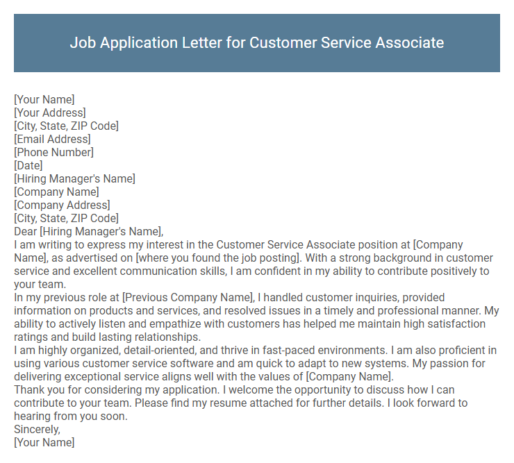 Job Application Letter for Customer Service Associate