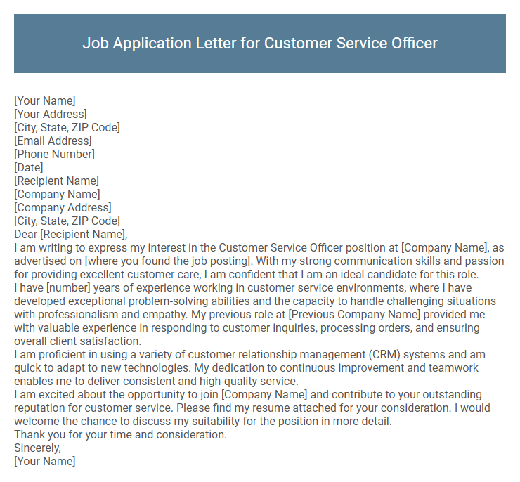 Job Application Letter for Customer Service Officer