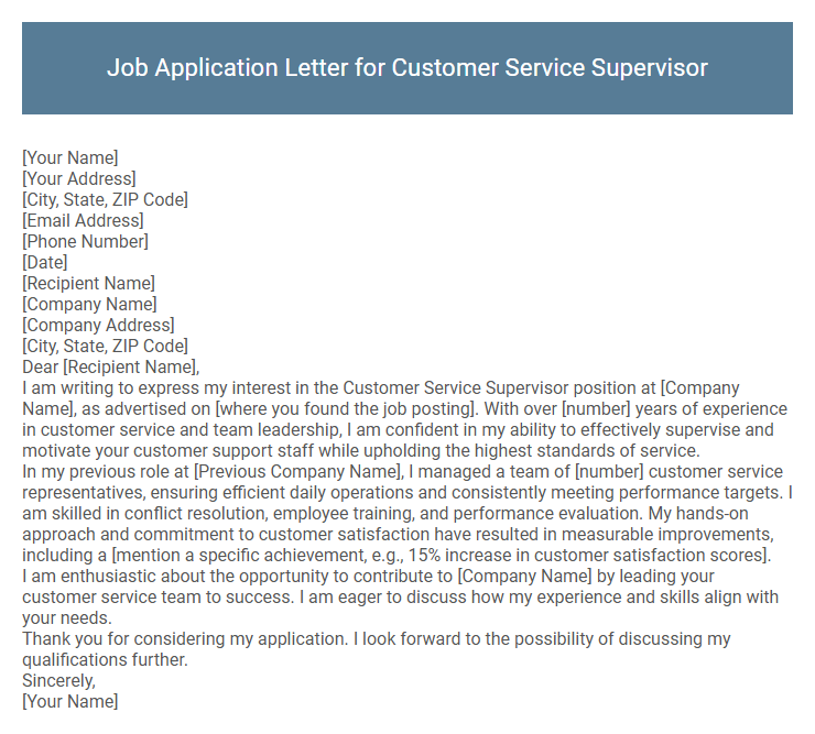 Job Application Letter for Customer Service Supervisor