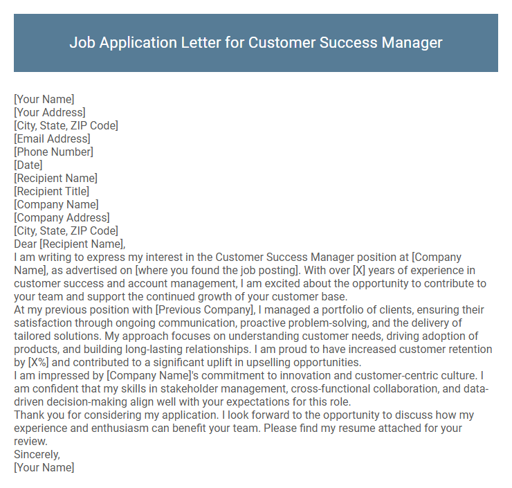 Job Application Letter for Customer Success Manager