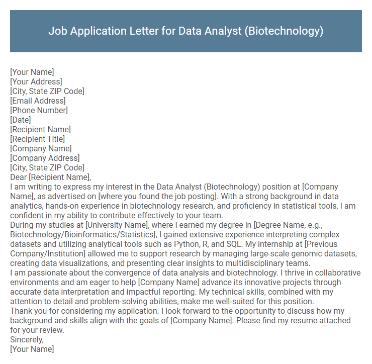 Job Application Letter for Data Analyst (Biotechnology)