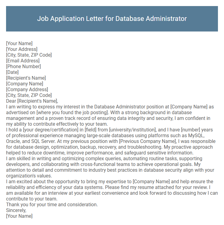 Job Application Letter for Database Administrator