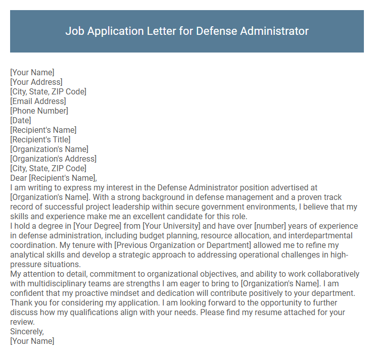Job Application Letter for Defense Administrator