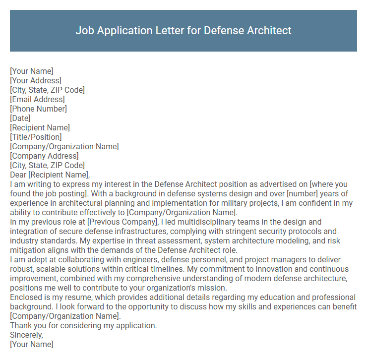 Job Application Letter for Defense Architect