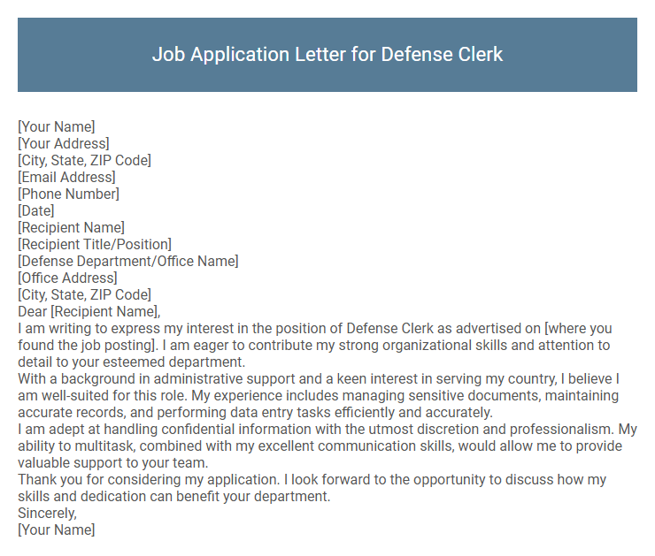 Job Application Letter for Defense Clerk
