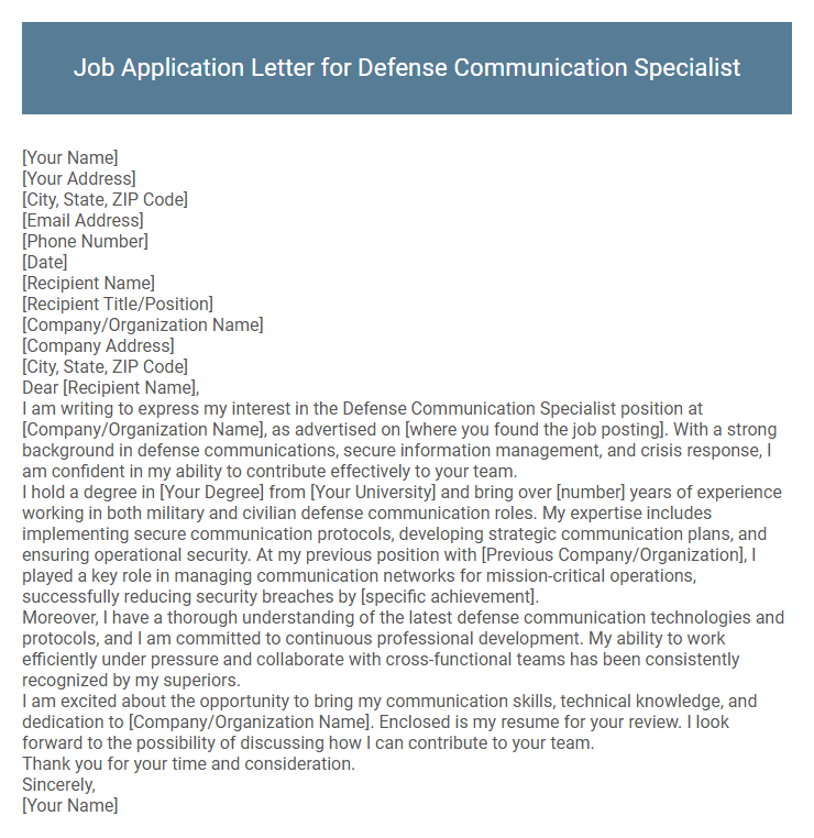Job Application Letter for Defense Communication Specialist
