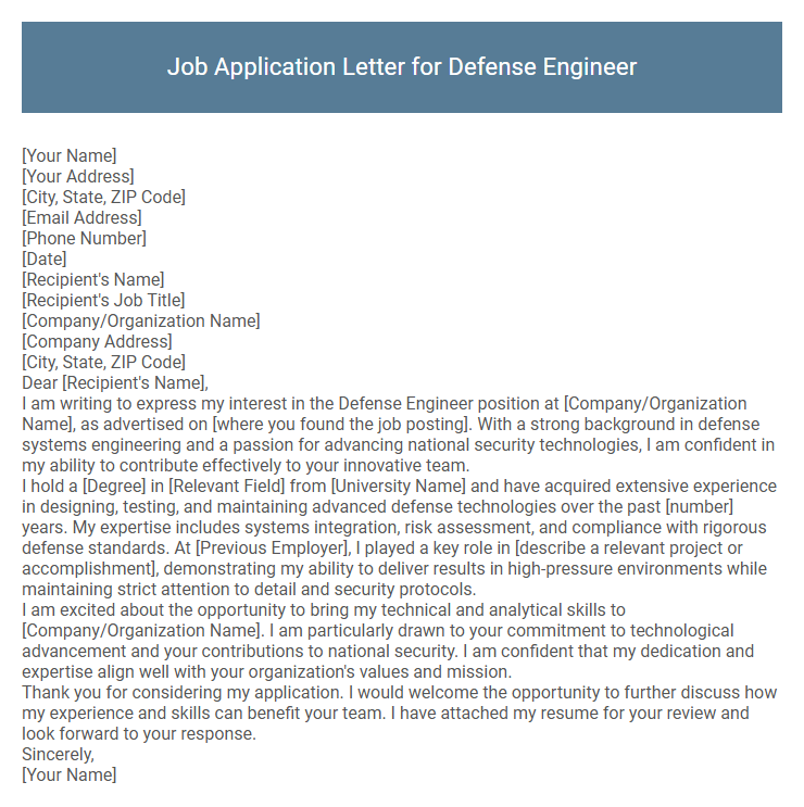 Job Application Letter for Defense Engineer