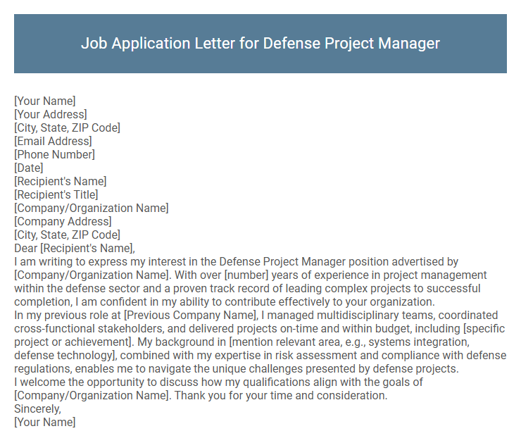 Job Application Letter for Defense Project Manager