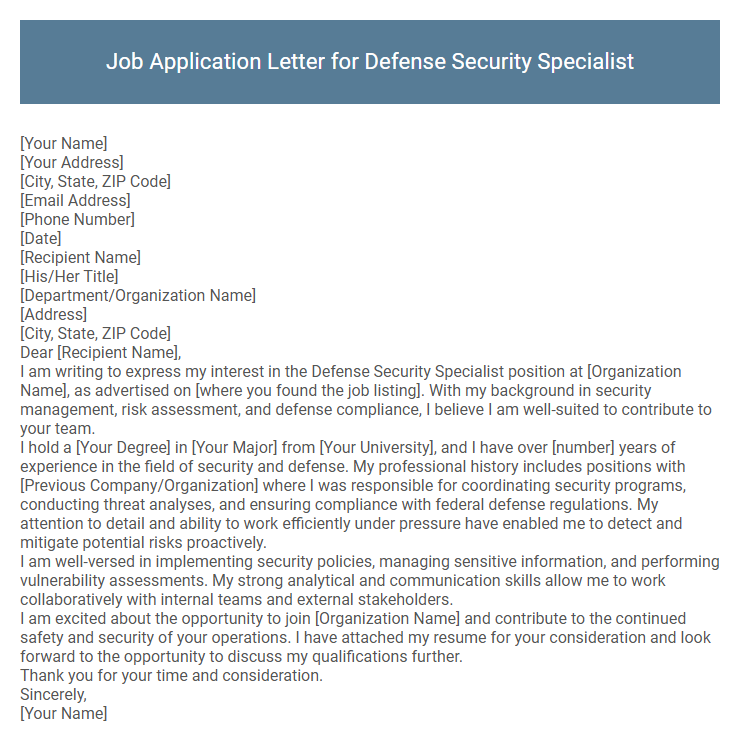 Job Application Letter for Defense Security Specialist