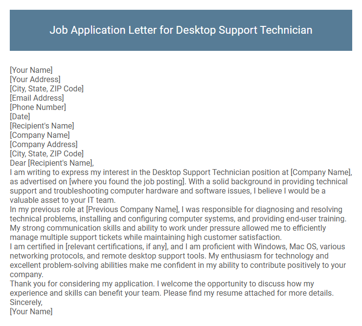 Job Application Letter for Desktop Support Technician