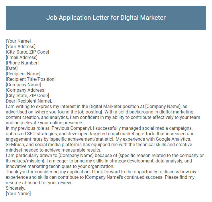 Job Application Letter for Digital Marketer