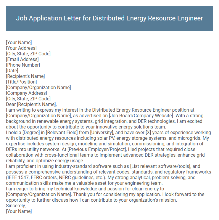 Job Application Letter for Distributed Energy Resource Engineer