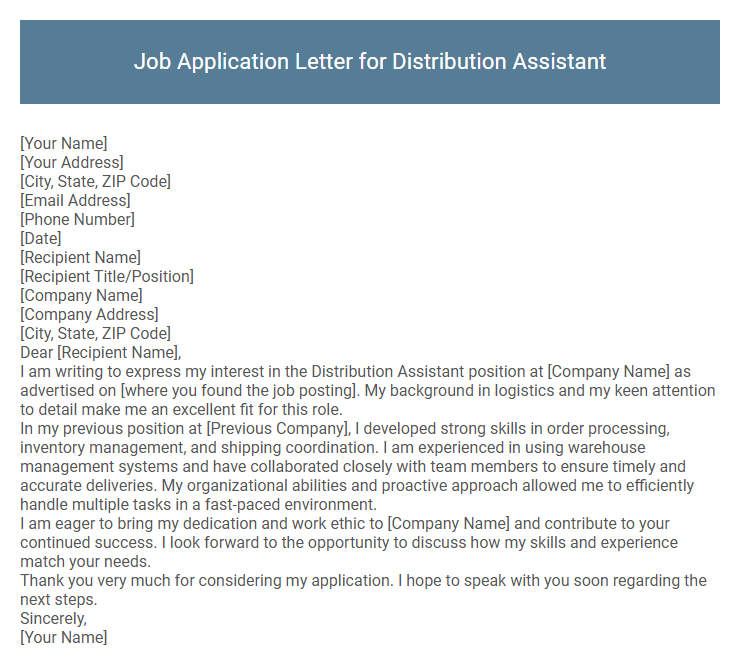 Job Application Letter for Distribution Assistant