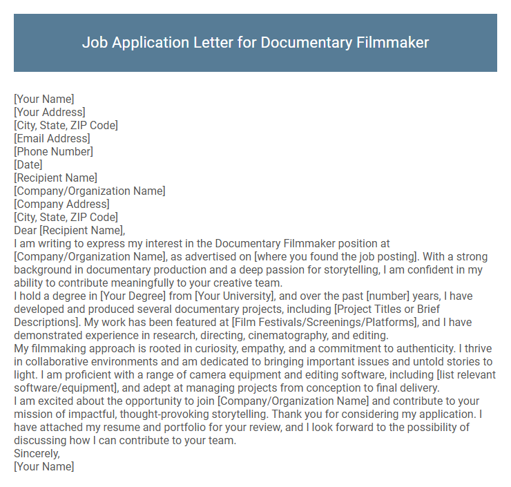 Job Application Letter for Documentary Filmmaker