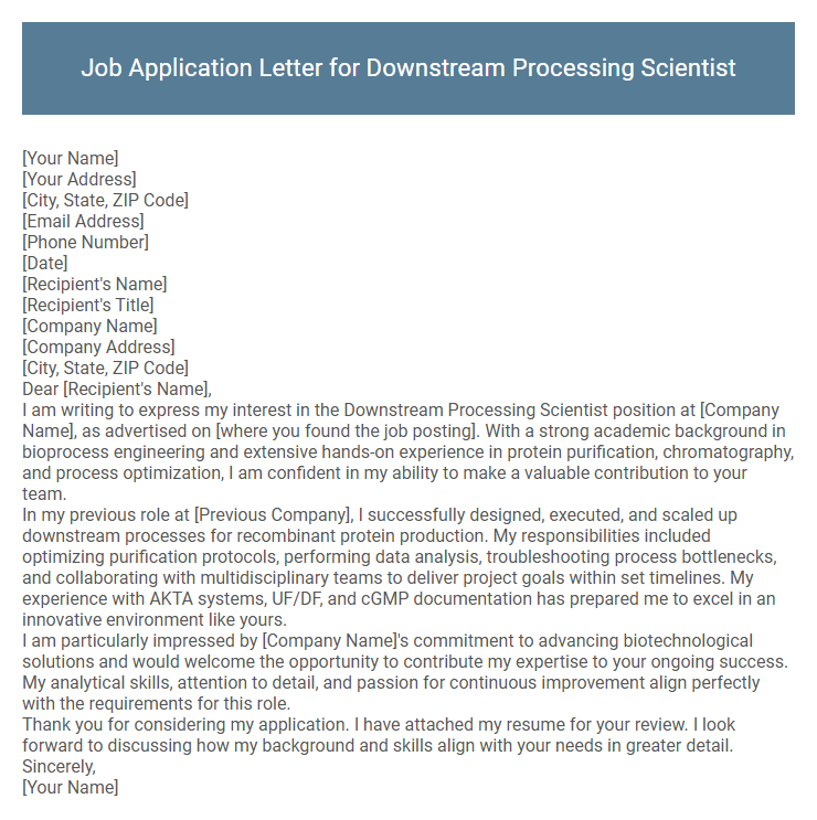 Job Application Letter for Downstream Processing Scientist