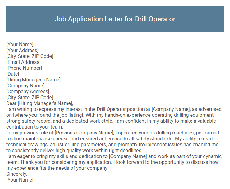 Job Application Letter for Drill Operator