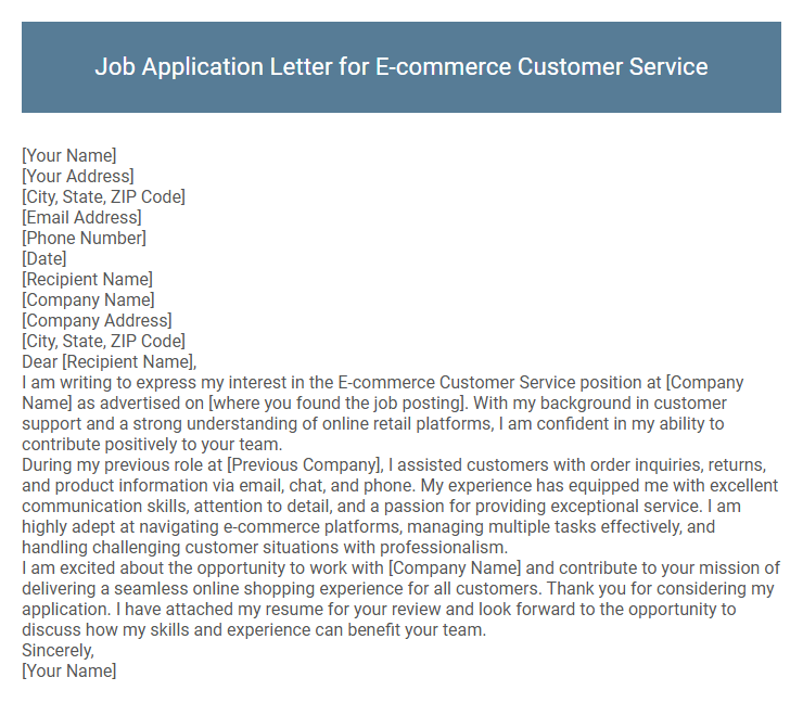 Job Application Letter for E-commerce Customer Service