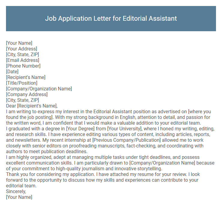 Job Application Letter for Editorial Assistant