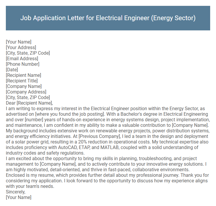 Job Application Letter for Electrical Engineer (Energy Sector)