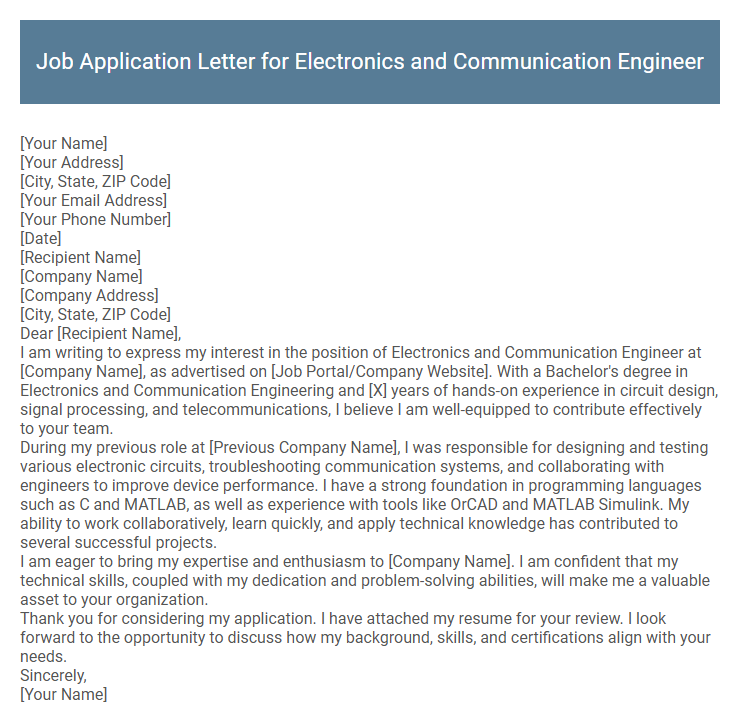 Job Application Letter for Electronics and Communication Engineer