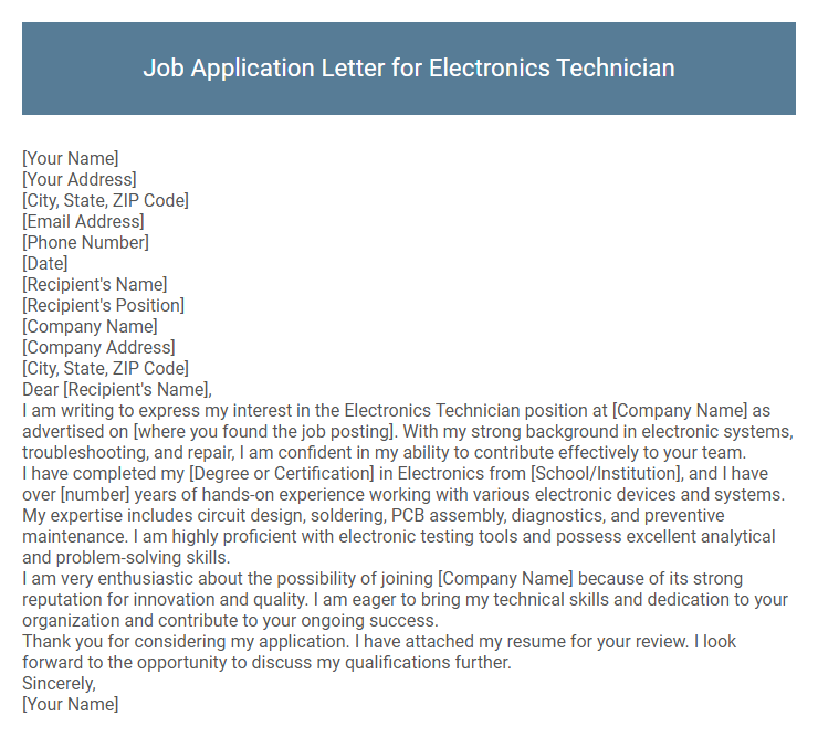 Job Application Letter for Electronics Technician