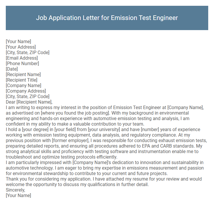 Job Application Letter for Emission Test Engineer