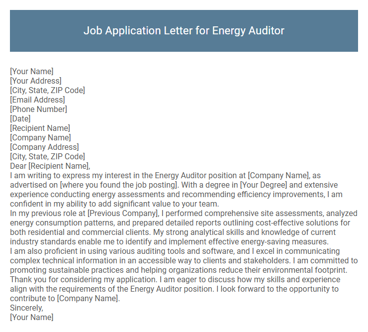 Job Application Letter for Energy Auditor