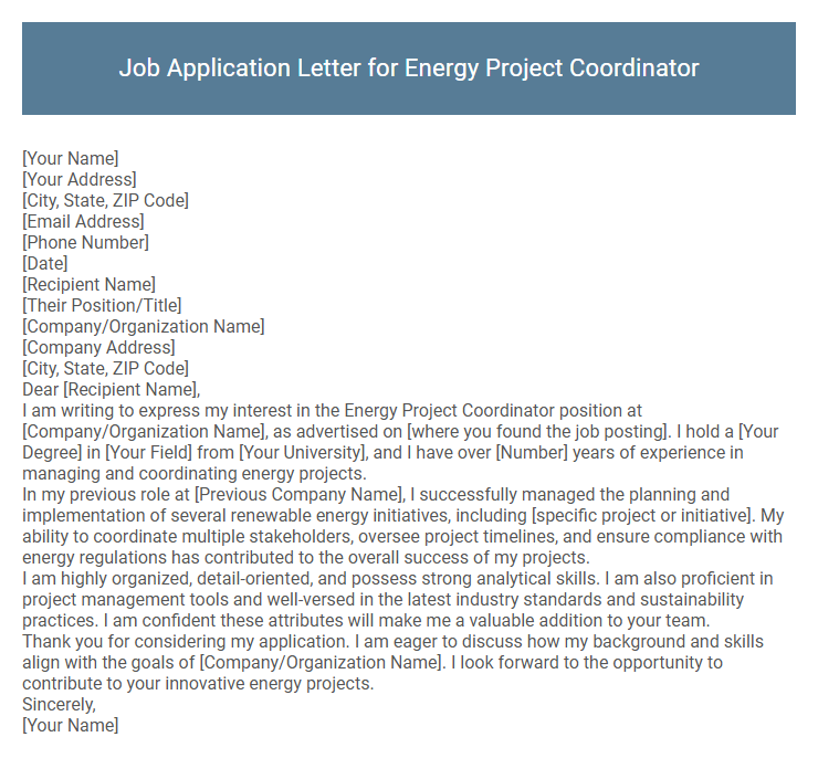 Job Application Letter for Energy Project Coordinator