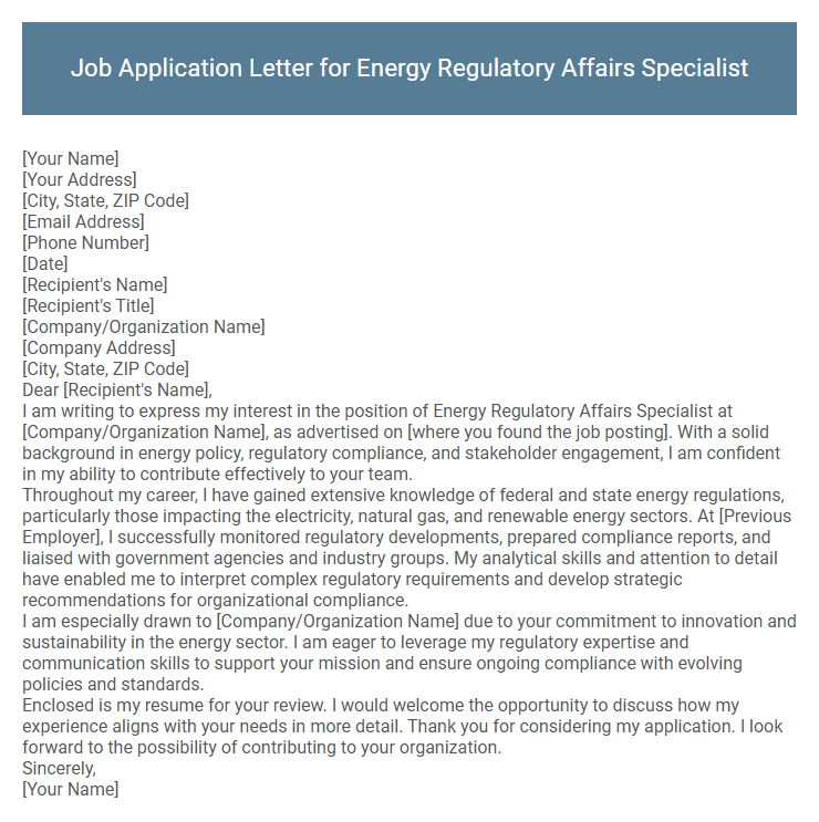 Job Application Letter for Energy Regulatory Affairs Specialist