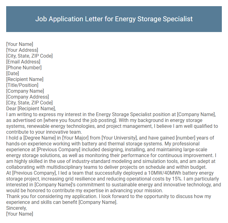 Job Application Letter for Energy Storage Specialist