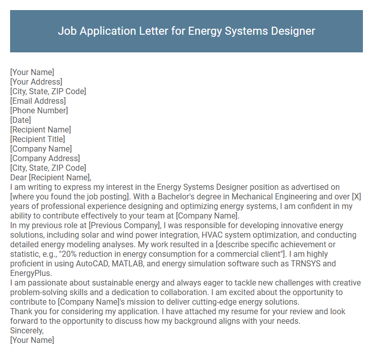 Job Application Letter for Energy Systems Designer