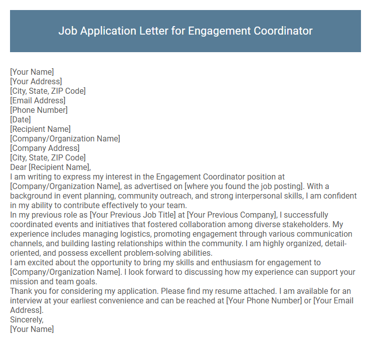 Job Application Letter for Engagement Coordinator