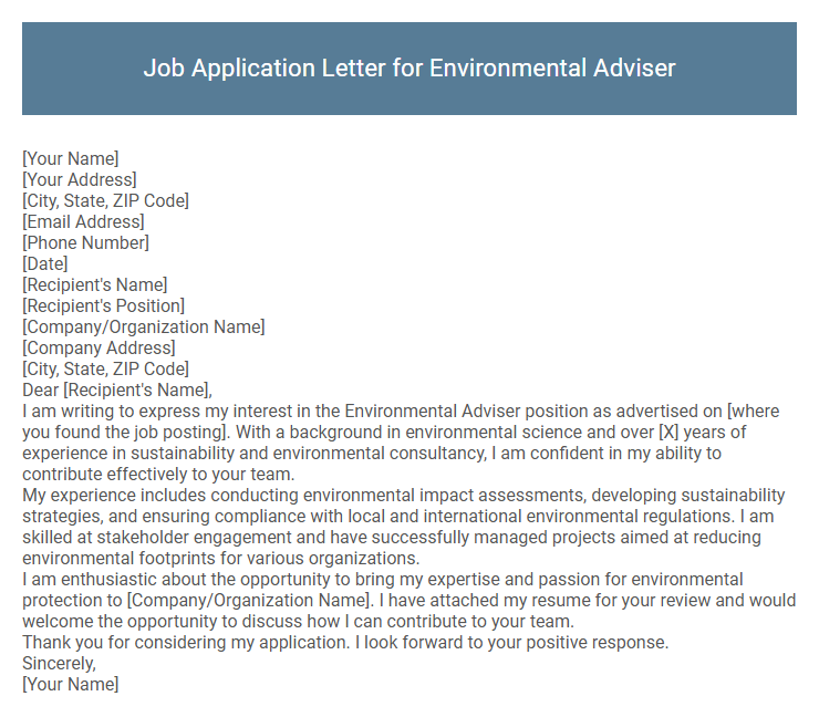 Job Application Letter for Environmental Adviser