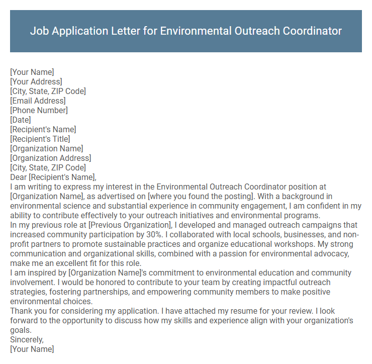 Job Application Letter for Environmental Outreach Coordinator